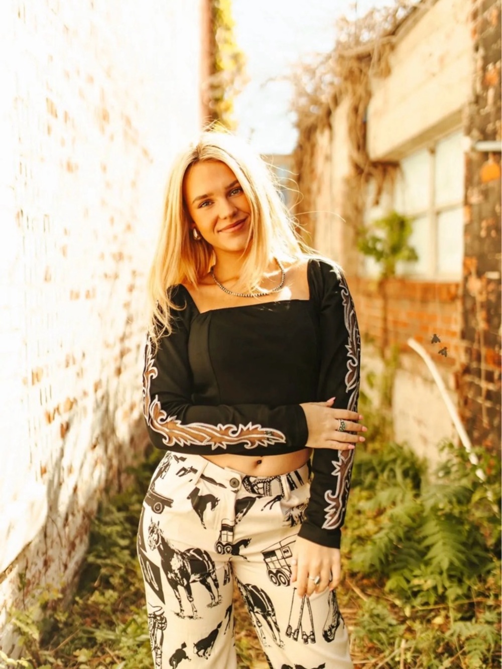 Black Square-Neck Long Sleeve Crop Top with Embroidered Sleeve Detail